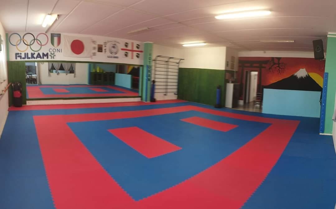 Tatami del dojo Mà Mea con bandiera FIJLKAM e murale Monte Fuji